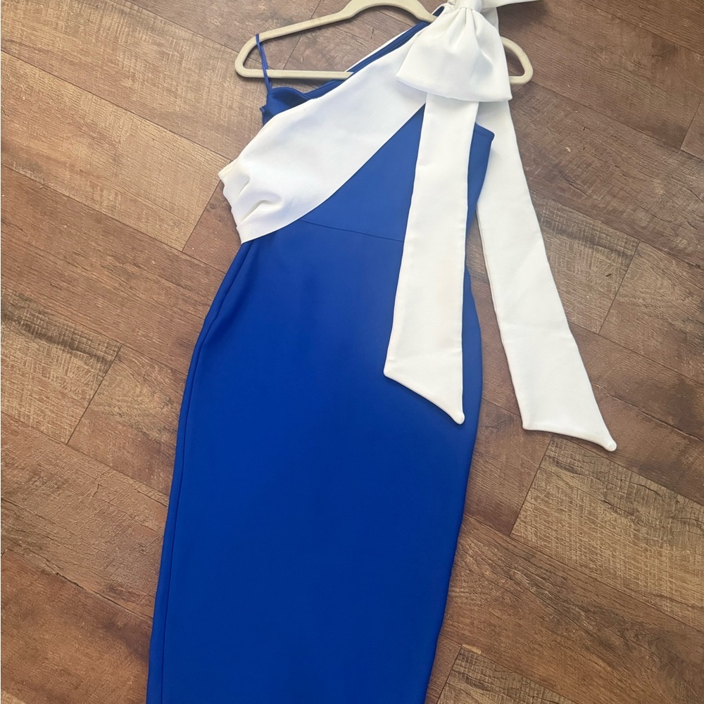 SHEIN Royal Blue and White One-Shoulder Midi Dress with Bow